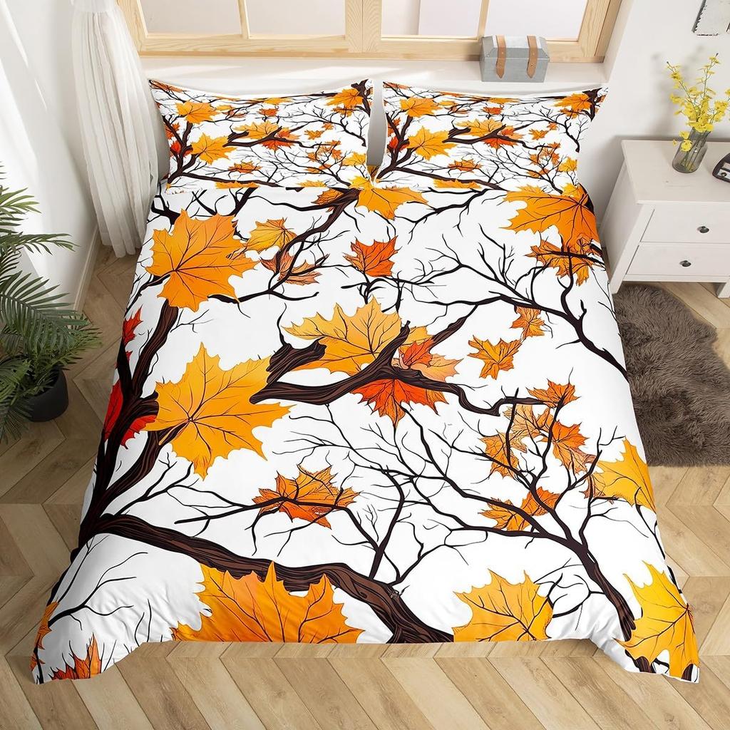 Fall Maple Leaves Duvet Cover King Autumn Harvest Theme Bedding Set Cartoon Christmas Santa Thanksgiving Pumpkin Comforter Cover