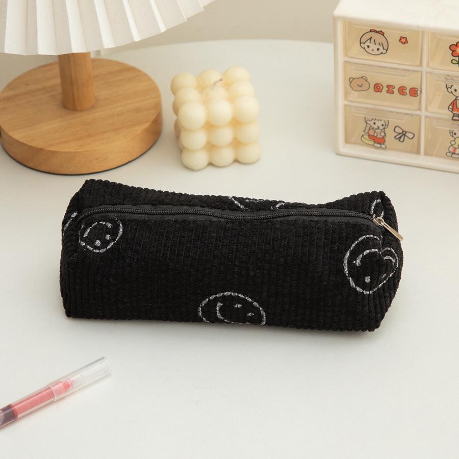 Smiley Face Corduroy Pencil Case: Durable, Dirt-Resistant, Large Capacity Storage for Students