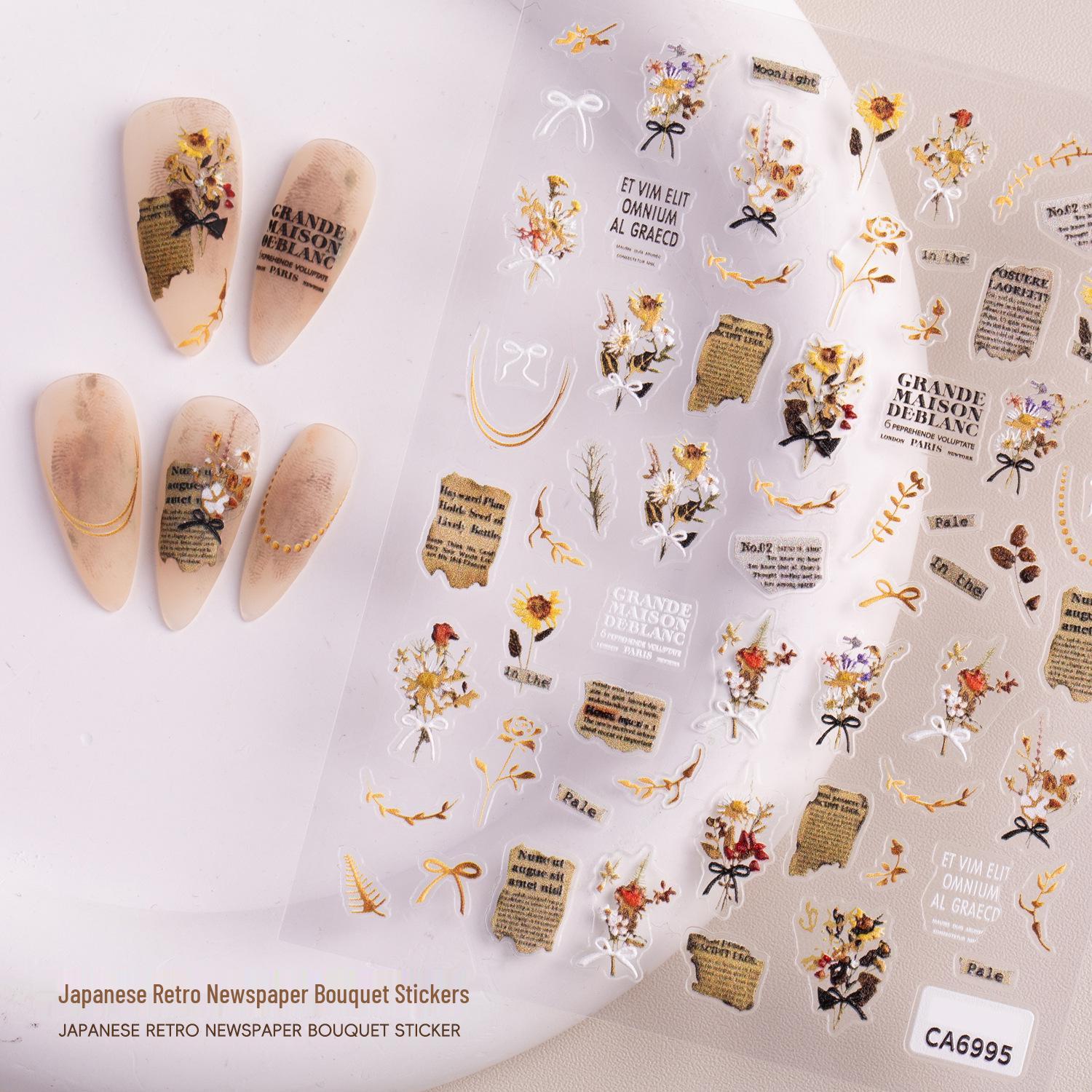 

5D Embossed Japanese Retro Newspaper Bouquet Nail Stickers (CA6995)