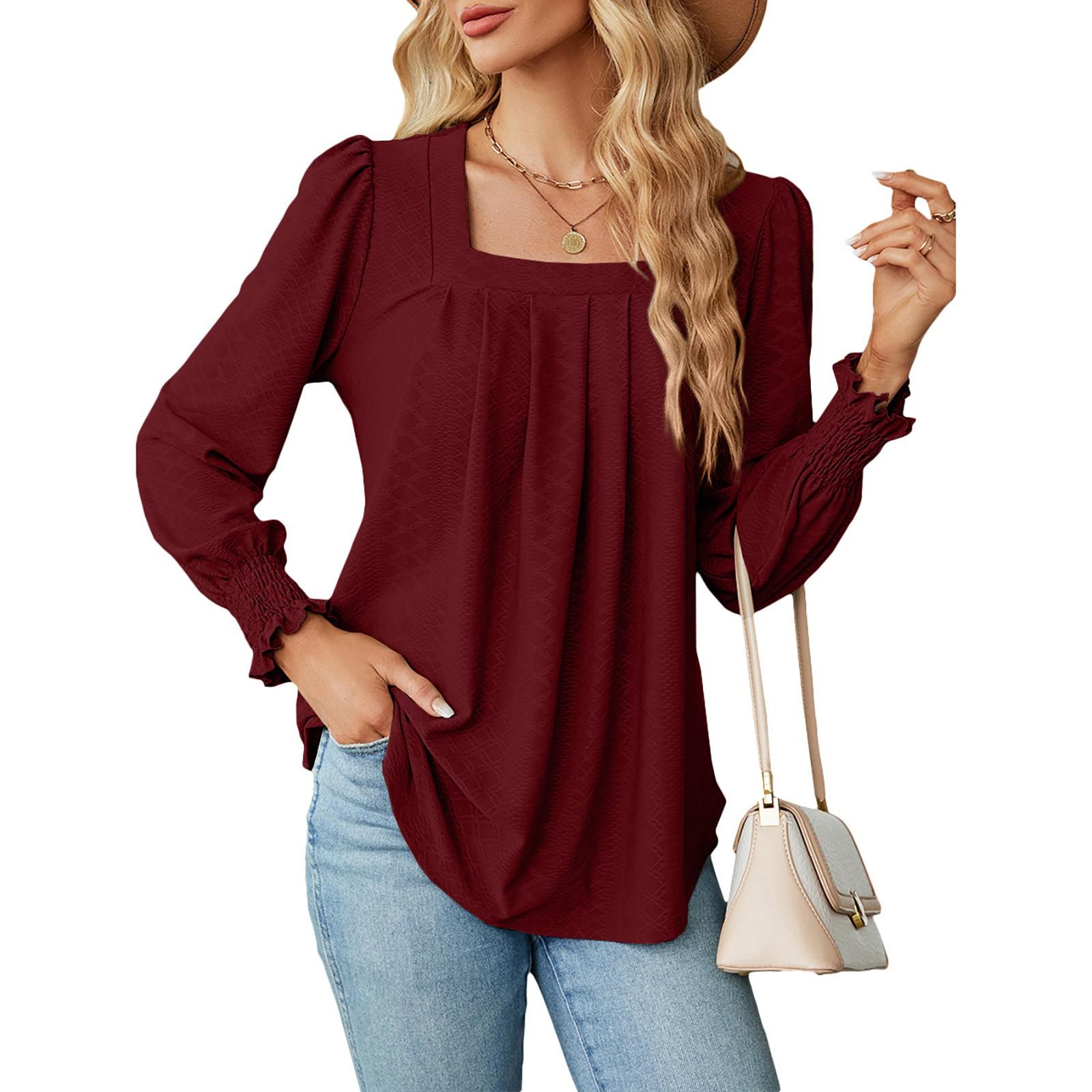 Женская модная квадратный вырез цвет плиссированный длинный рукав смокинг рубашка топ XXL винный
