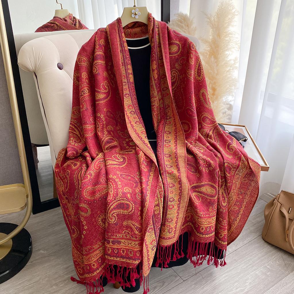 Women'S Fashion Faux Cashmere Winter Foulard Vintage Print With Tassels Thick Warm Pashmina Two-Sided Scarf Outdoor Shawls
