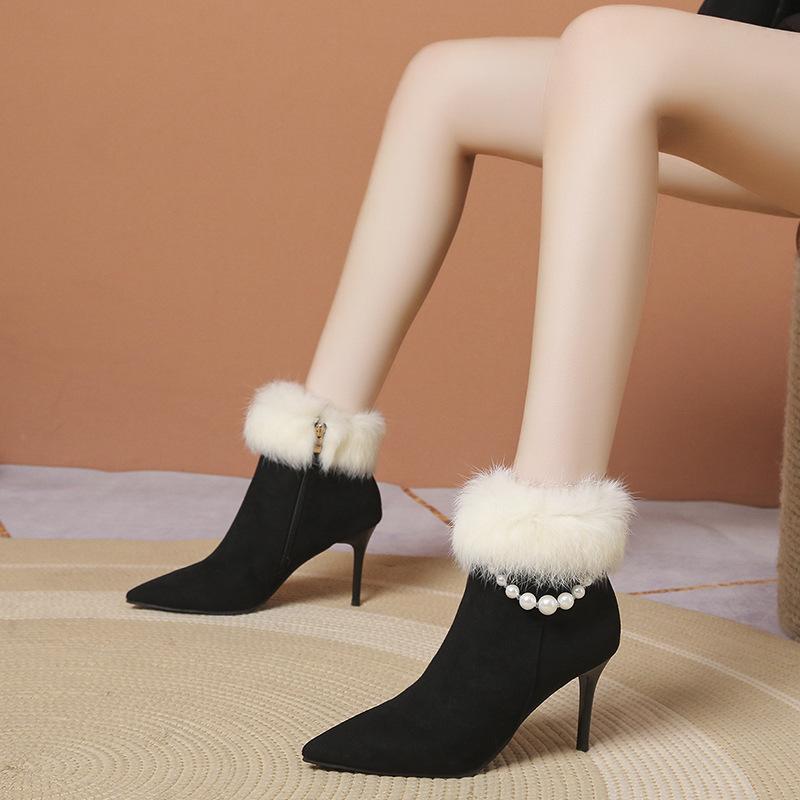 Fashion Rabbit Fur Winter Salsa Dance Boots 2024 Stiletto Women's High Heel Jazz Latin Dance Shoes 8.5cm Heel Rubber Sole Hot Sale