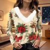 Women's Long Sleeve V-Neck Plush Collar Christmas Top with Snowflake and Tree Print