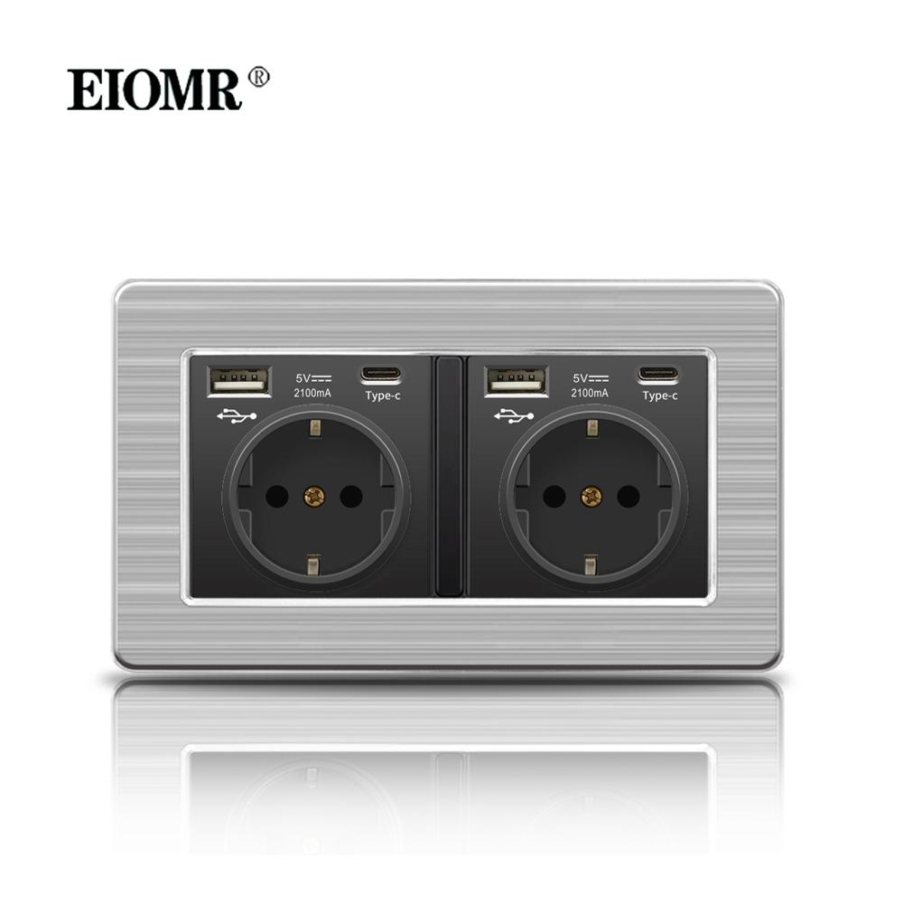 EIOMR 16A Black EU Standard Wall Sockets and Switches Stainless Steel Panel with Children Protective Door with USB Power Outlet