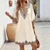 In Stock European and American Cross-border Foreign Trade Spring/Summer Bohemian Ethnic Style Printed V-neck Loose Casual Dress