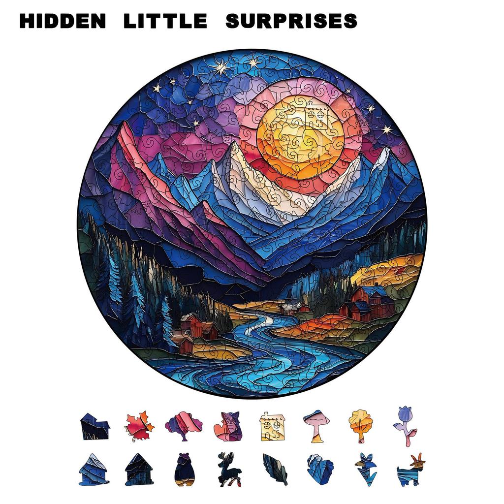 Wooden Mountain & River Jigsaw Puzzle: Unique Irregular Pieces, Piggy Bank Gift, Stress Relief Toy