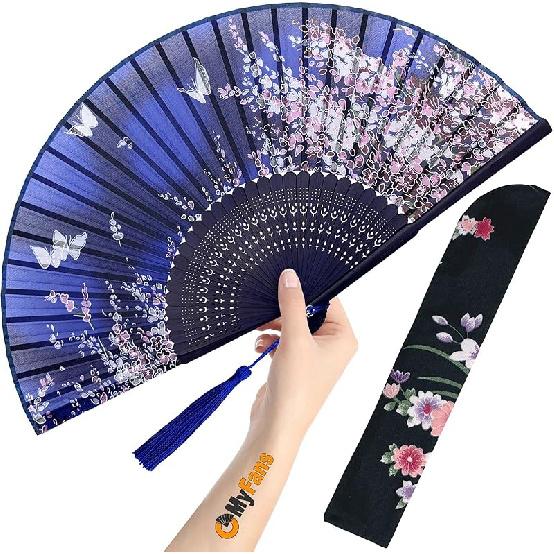 Hand Fan for Women Foldable - Folding Chinese Japanese Vintage Bamboo Silk Fan - Ideal for Hot Flashes, Church, EDM, Festivals, Dancing and Gifts