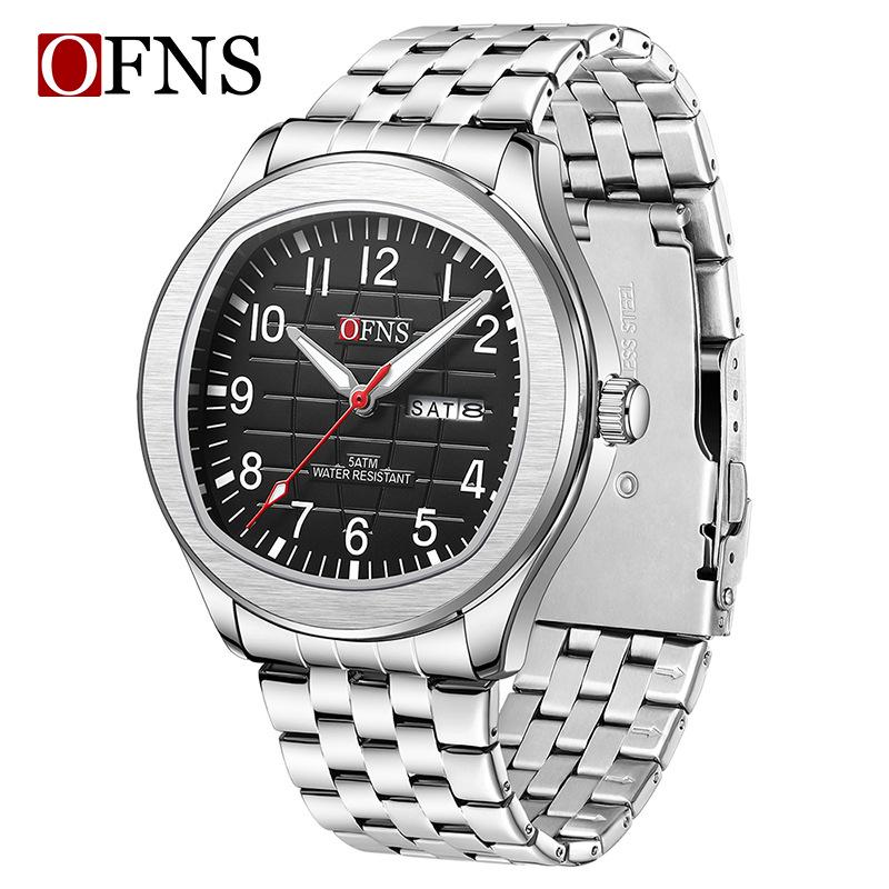 OFNS Men s Steel Band Business Wristwatch - Luminous, Dual Calendar, Waterproof Quartz Watch