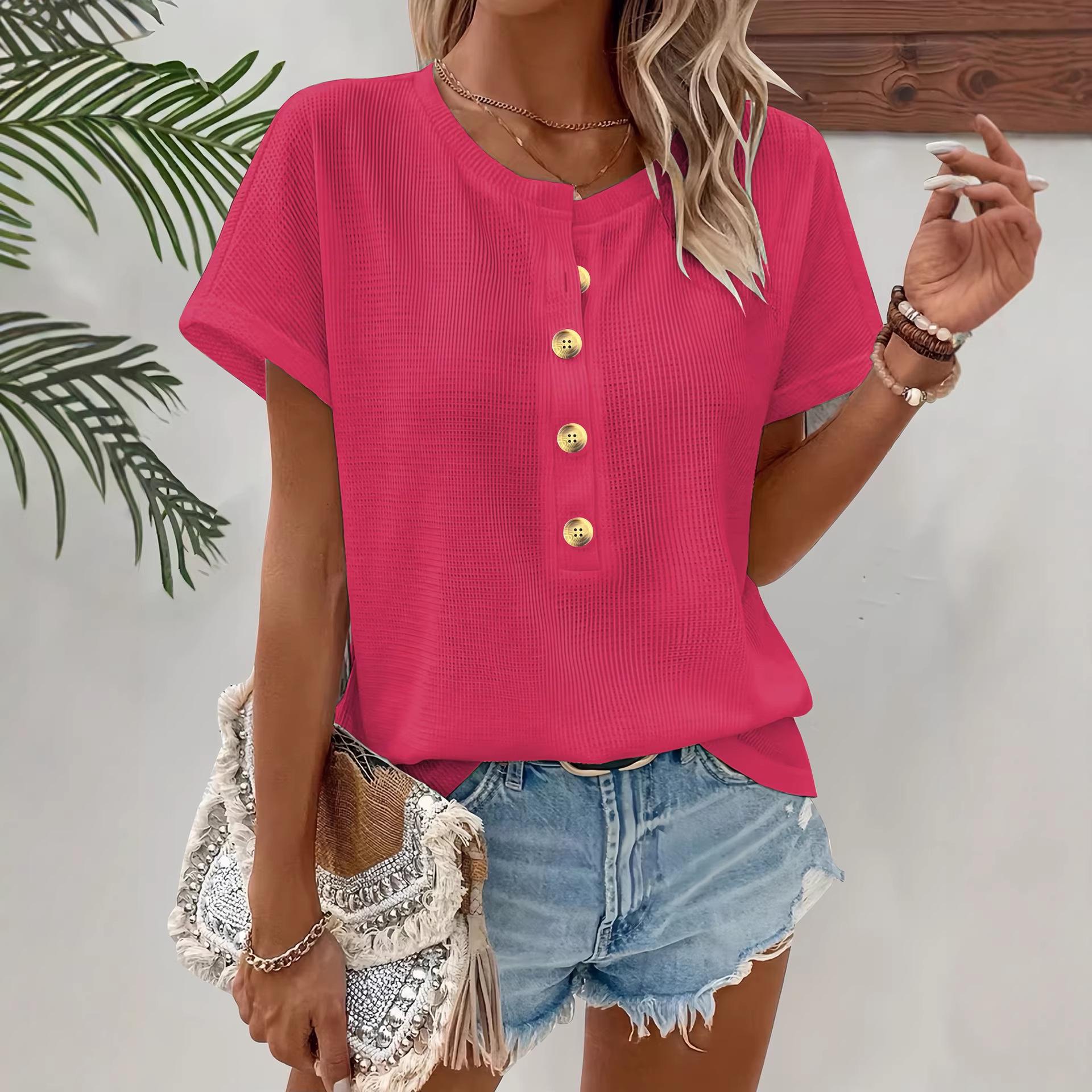 

2026 European & American Round Neck Button Batwing Sleeve Loose T-shirt S яскраво-червоного кольору
