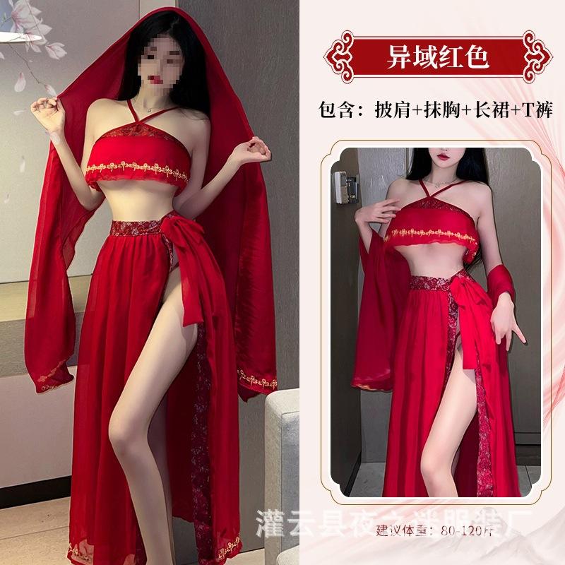 Sexy Perspective Night Fantasy Exotic Uniform Flying Belly Pocket Sex Underwear Set Dunhuang Hanfu Sexy Printed Woman