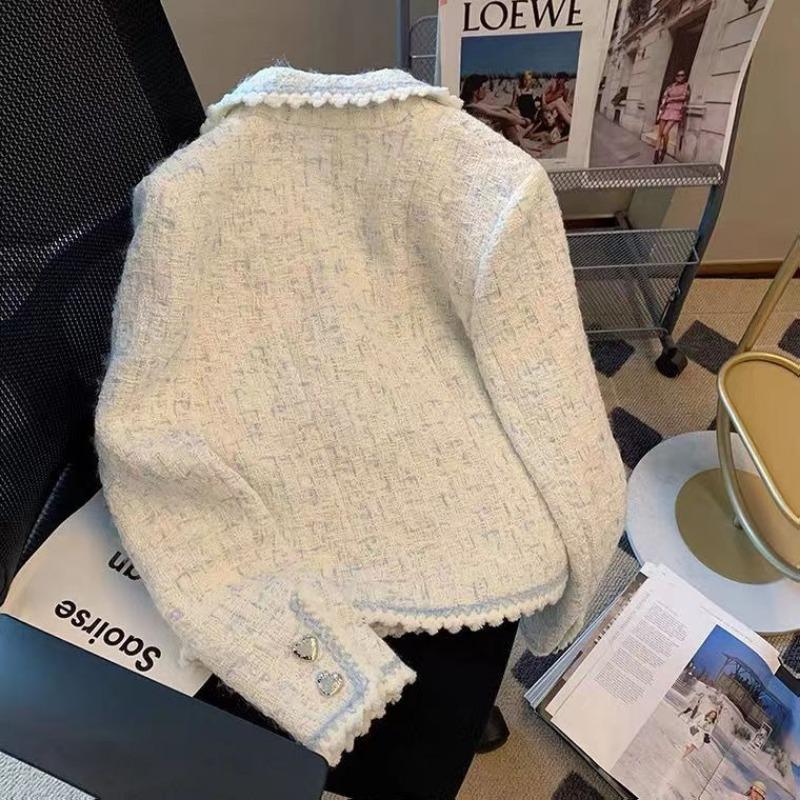 Malý voňavý styl klopa láska knoflík kabát pro ženy podzim nový francouzská móda špičkový temperament krátký top bunda