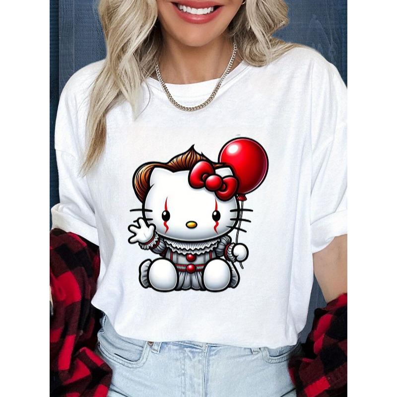 

Women Scary Cute Hello Kitty Clown Anime Print TShirt Halloween Party Horror Theme Event Casual Cotton Short Sleeve S