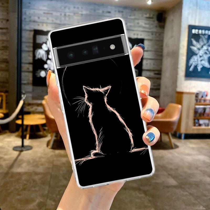 Phone Case Cover for Google Pixel 9 8 7 6 5 4 4XL 7A 6A 5A 4A 3A Pro XL 5G Transparent Soft TPU Shell Cute Line Cat Pattern Bags