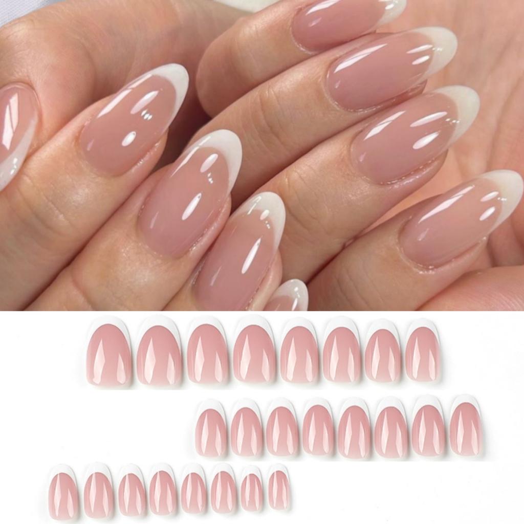 24 Pcs Simple Pink Press On Nails With Silver Glitter Powder Decor Removable Fake Nail Tips Set