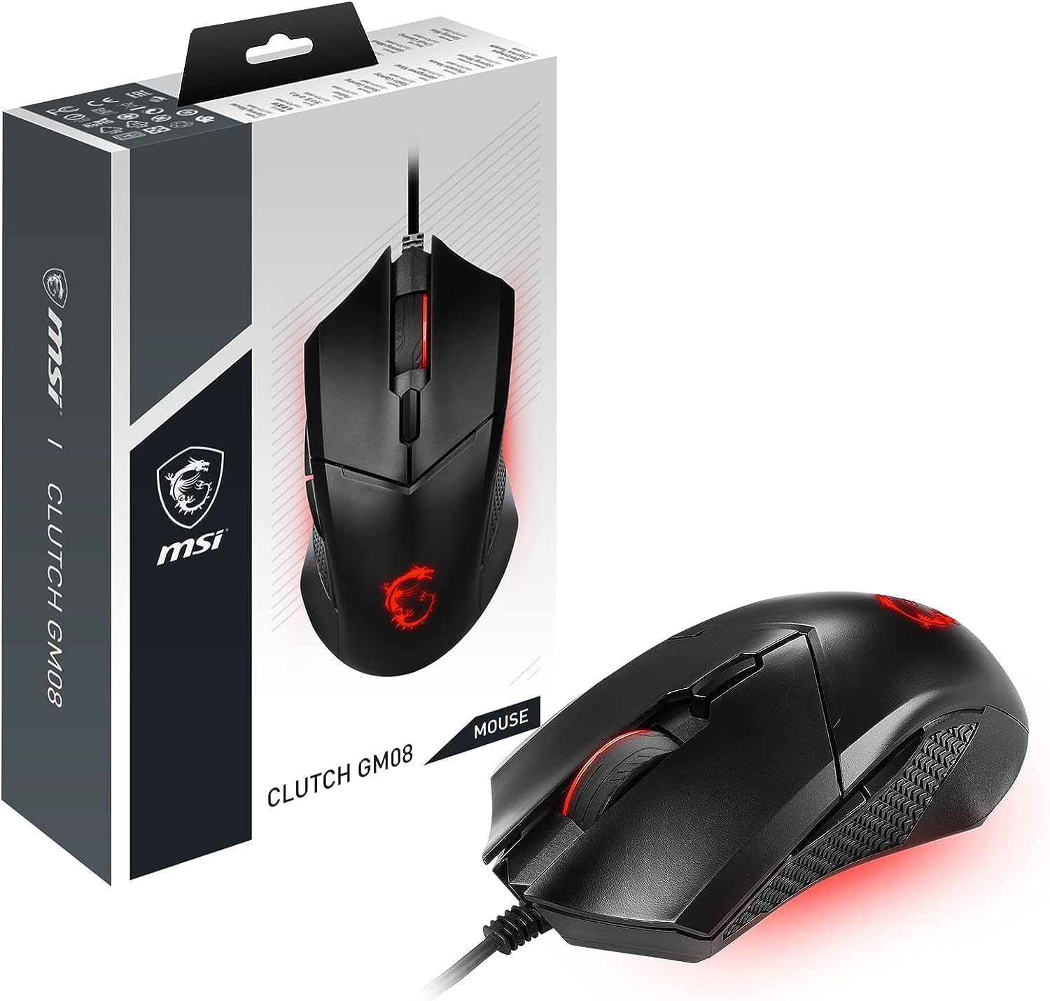 

MSI Clutch GM08 Black Gaming 4200 Optical 3 Adjustable Red LED Symmetrical Corded Mouse, DPI, Sensor, Weights, Lighting, Design, Electric.