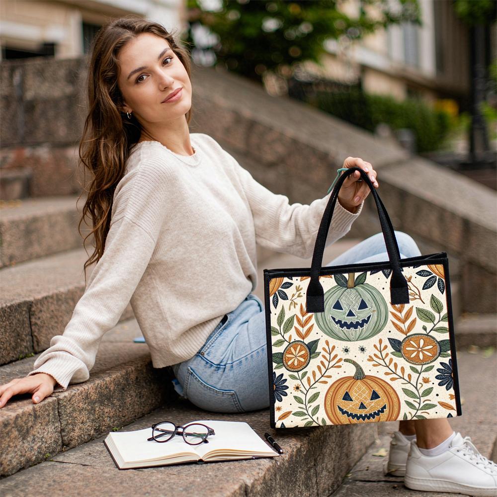 Boho Halloween Pumpkin Tote Bag Folk Floral Print Large Casual Shoulder Handbag for Fall Daily Use