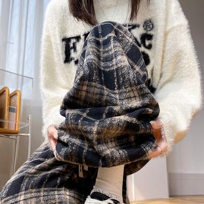Plaid Pants Women's Pants Autumn and Winter New Plush Drape Straight Casual Small Retro Woolen Wide-leg Pants