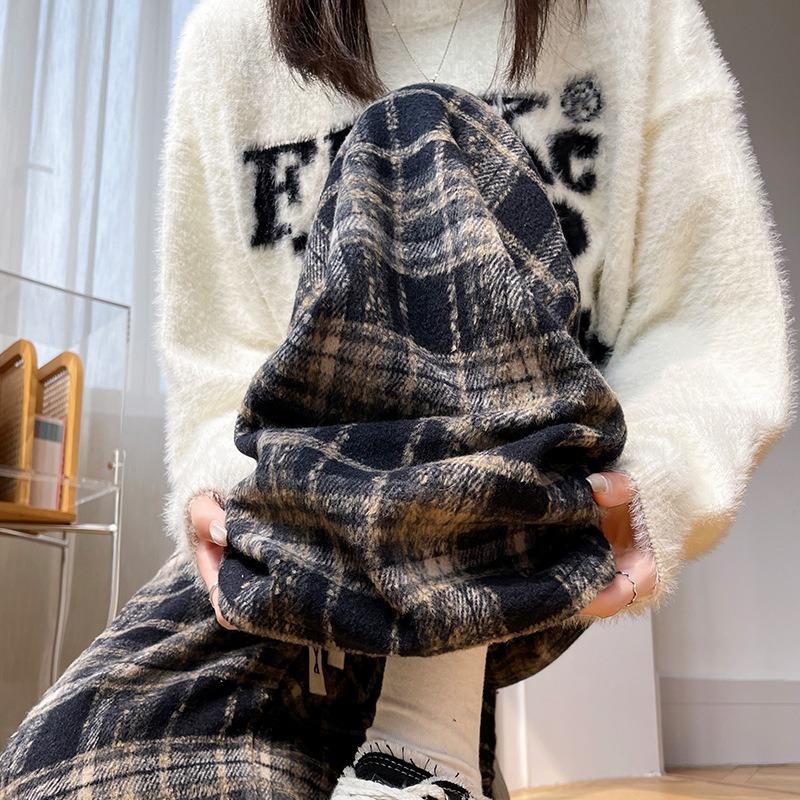 Plaid pants women's pants autumn and winter new plush drape straight casual small retro woolen wide-leg pants