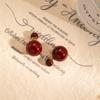 Silver Needle Red Heart Pearl Drip Stud Earrings: French Retro Vintage Ear Cuffs for Autumn and Winter.