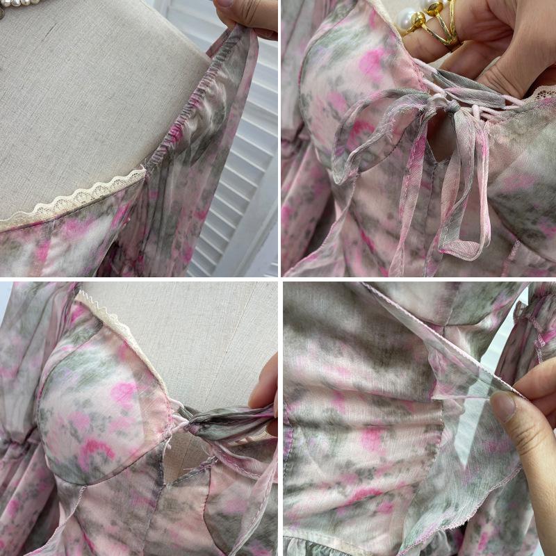 One-Shoulder Floral Print Bustier with Bell Sleeves and Lace-Up Back