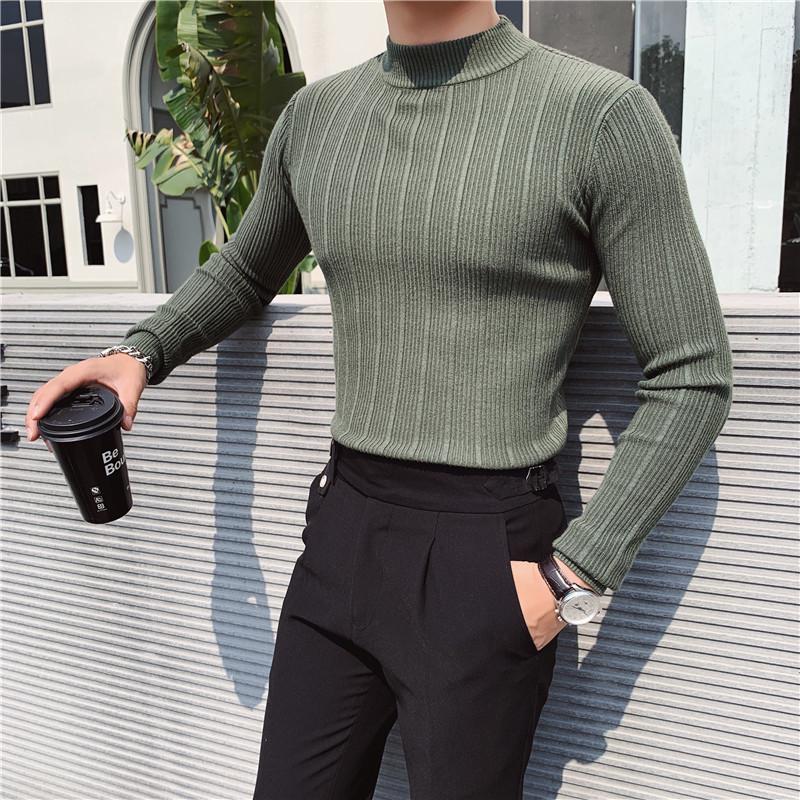 Men's High-Elasticity Ice Silk Ribbed Long Sleeve Striped T-Shirt