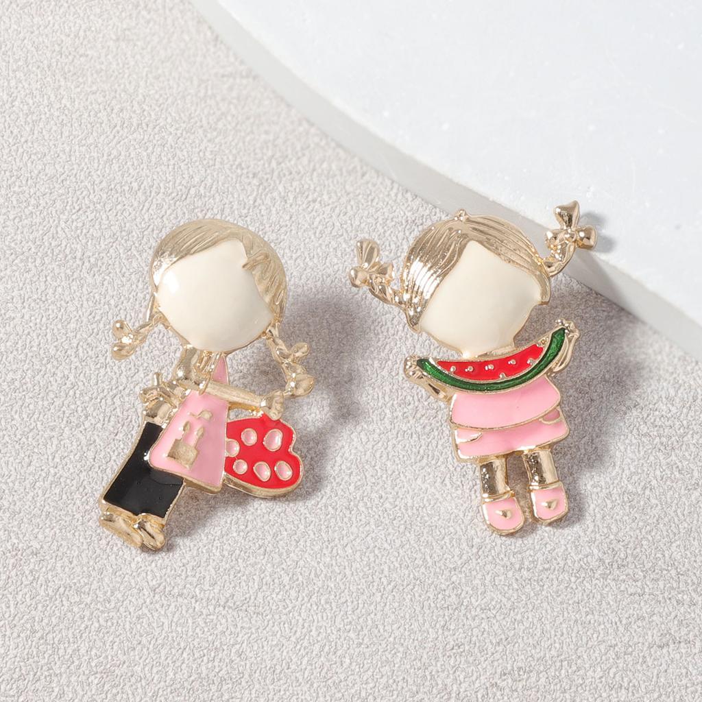 Korean version of cute fashion dripping oil cartoon alloy asymmetry summer watermelon pure little girl little painter female stud earrings