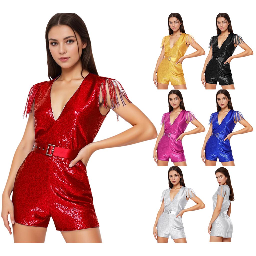 S-3XL Women's Sparkly Sequined Jumpsuit: V-Neck Sleeveless Tassels Thigh Length with Adjustable Belt for Pageant Banquet Wedding Party