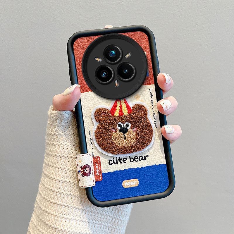 KEYSION Cartoon Cute Plush Embroidery Case for Realme 14 Pro+ 5G with Lanyard Shockproof Phone Cover for OPPO Realme 14 Pro 5G