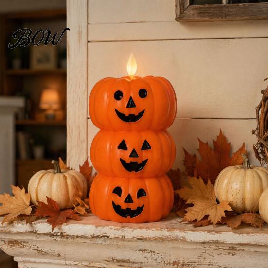 Spooky Holiday Home Accents Halloween 3 Tier Stacked Pumpkin Candle Light, Flickering Flameless LED Fall Atmosphere Ornaments Candle, Battery Operated