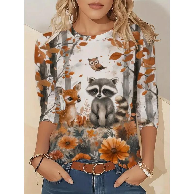 Fashion Women's Crew Neck Long Sleeve 3D Floral Color Printing Floral Long Sleeve Crew Neck T-Shirt