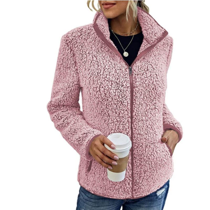 Autumn Women Solid Fleece Jackets Casual Fashion Stand Collar Coat Long Sleeve Zipper Outerwear Clothes