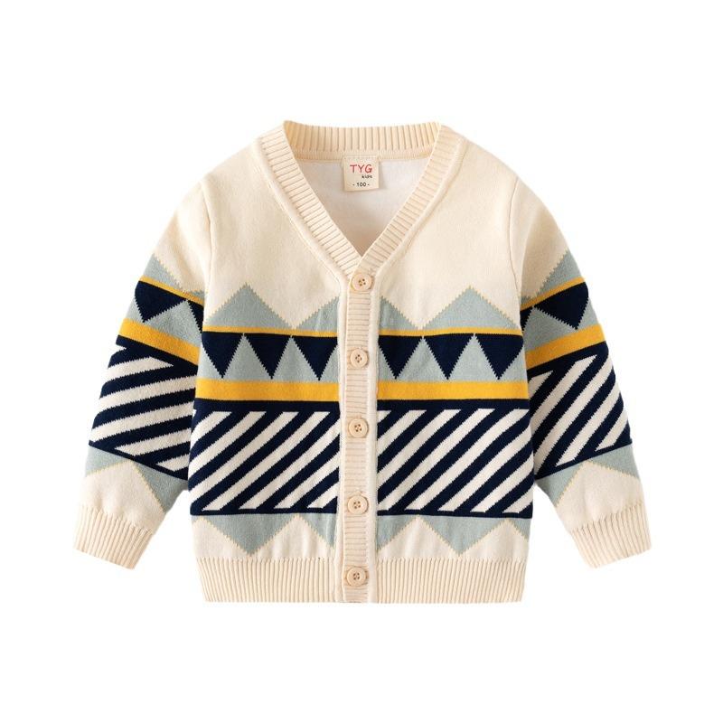 Odzież Dziecięca, Chłopięcy Sweter Żakardowy Dwuwarstwowy w Paski i Romby, Dziecięcy Przystojny Sweter Kardigan