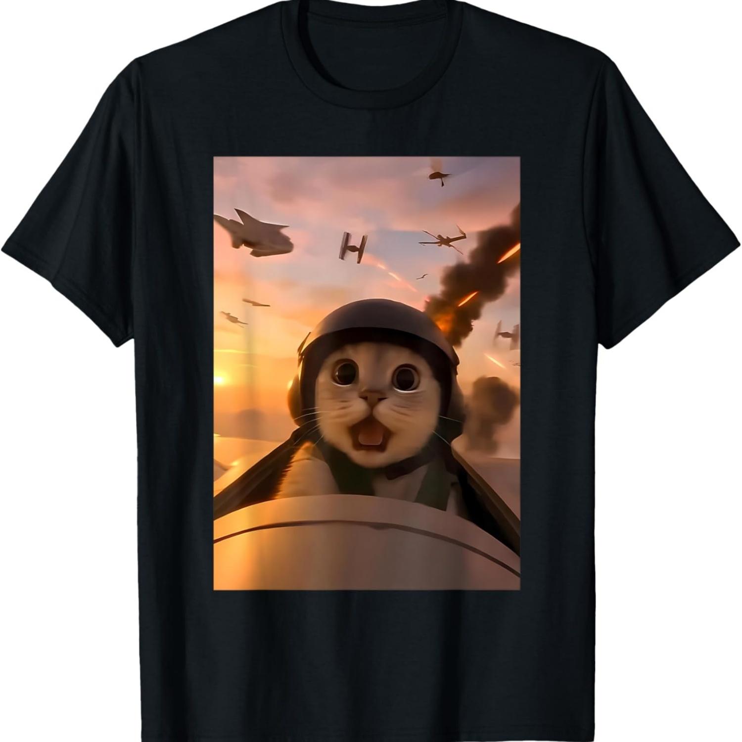 Cat Pilot Meme Funny Cat Selfie Gift for Men Women Kid T-Shirt S