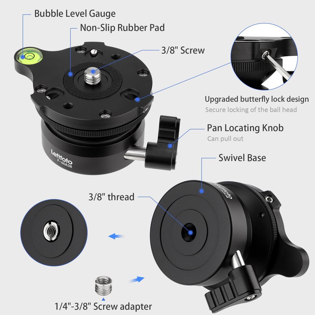 Tripod Leveling Base Half Ball Quick Tilt Up and Down 15 Degree for Canon Nikon Other DSLR Camera Tripod Monopod with Offset Bubble Level