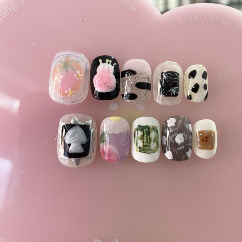 Cute Hand-Painted Press-On Nails Short Square Cat Eye Design Sweet Ins Style Nail Art Women