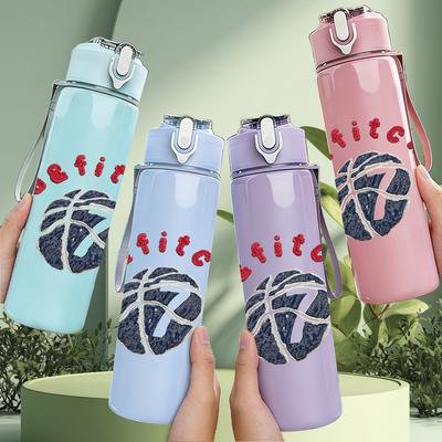 1PC Distress Dark Band Text Sketch Print 750ml Colorful Plastic Sports Water Bottle Leakproof Pop Up Lid with Straw for Outdoor Work Home Use
