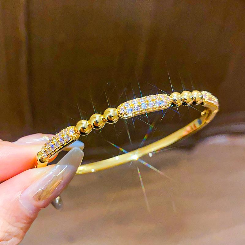 Gold-Plated Zircon Round Buckle Bangle - Elegant Korean Retro Style Bracelet for Women