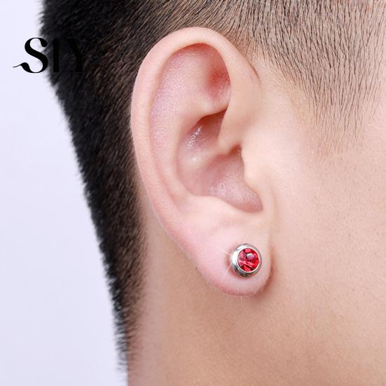 Stainless Steel Earrings 1 Pair Ear Studs Non-Piercing Magnetic Round Men Colored Rhinestone Embedded Women Fashion Jewelry Stud