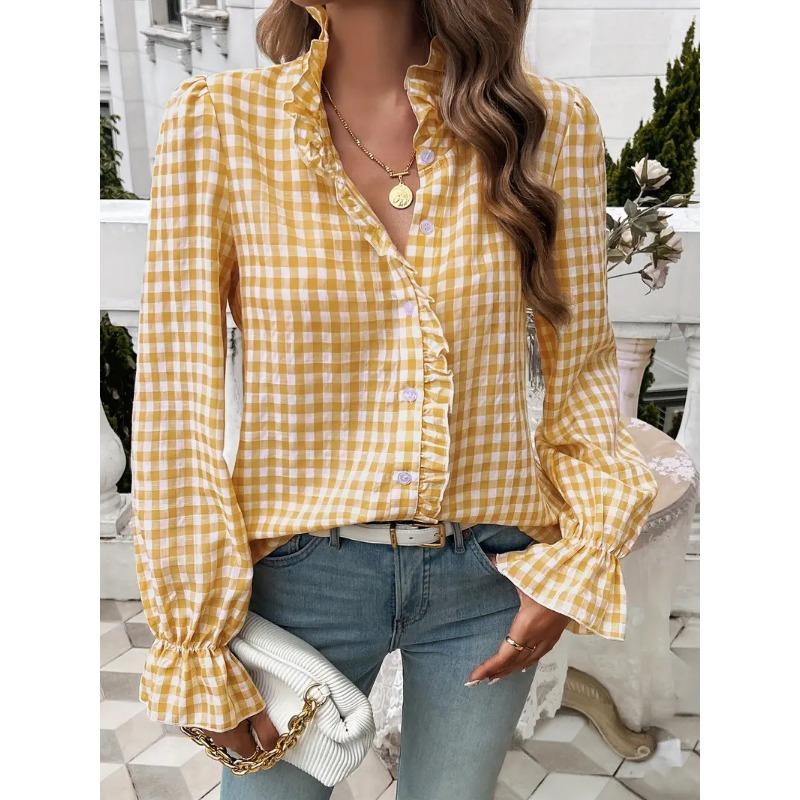 Camicia a quadri con pizzo, scollo a V, nuova collezione primaverile europea e americana, camicia a maniche lunghe alla moda ed elegante francese per donna