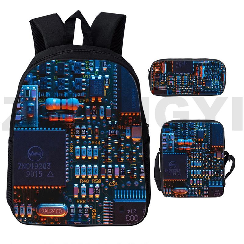 Klassiek Circuitbord Elektronische Chip 3D Print 3 stuks/Set Schooltassen Laptop Dagrugzak Rugzak Schuin geplaatste schoudertas Etui