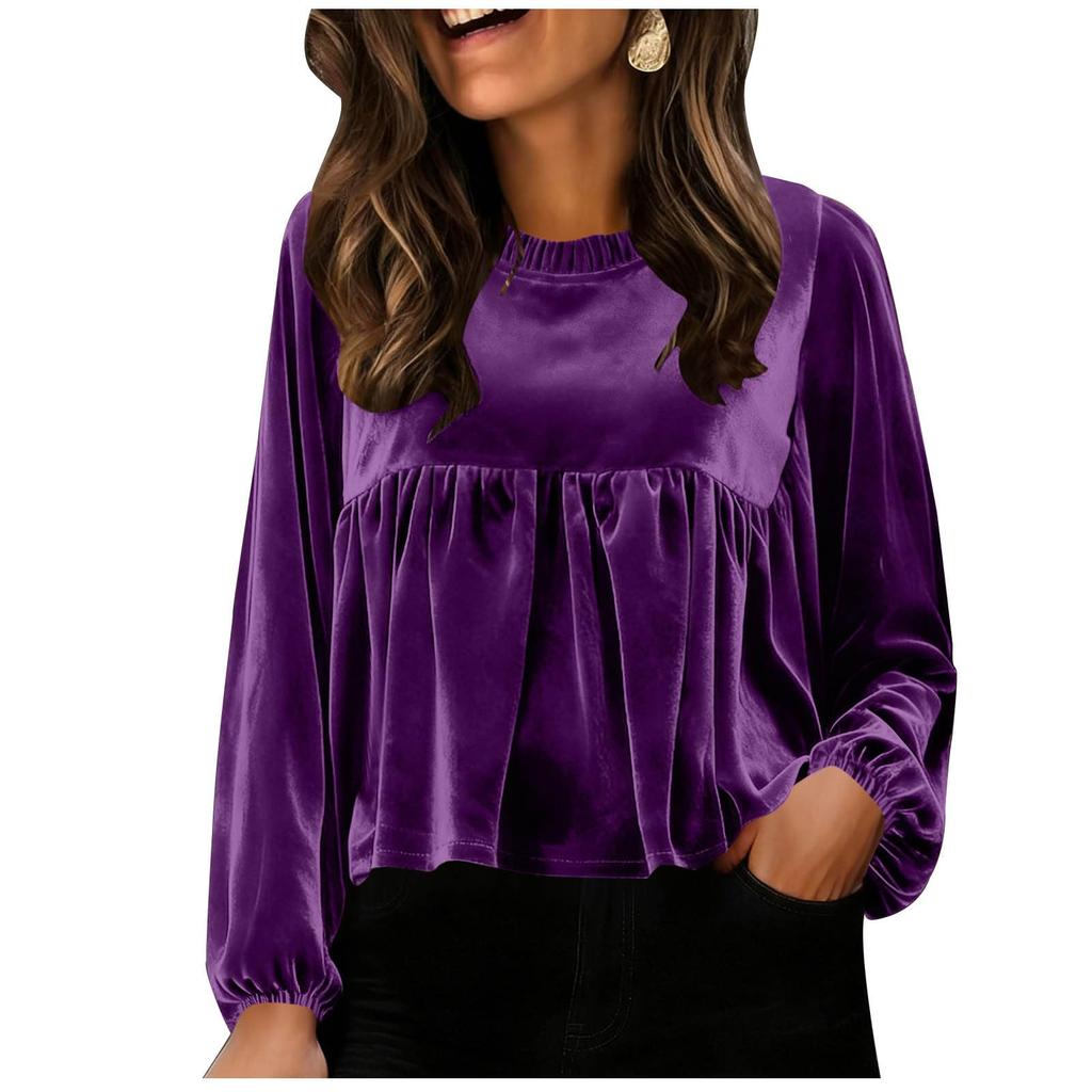 Women Loose Crewneck Babydoll  Long Sleeve Elegant Sleeve Velvet Blouse