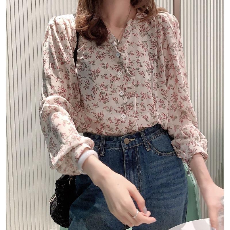 1116 New Shirt Korean Version of Foreign Style Gentle Wind Floral Chiffon Shirt Women's Long-sleeved Bottoming Shirt Bubble Sleeve Top
