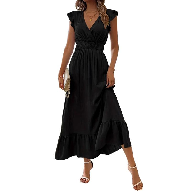 Women Solid Color V-neck Slim Short Sleeve Dress Summer Long Dress