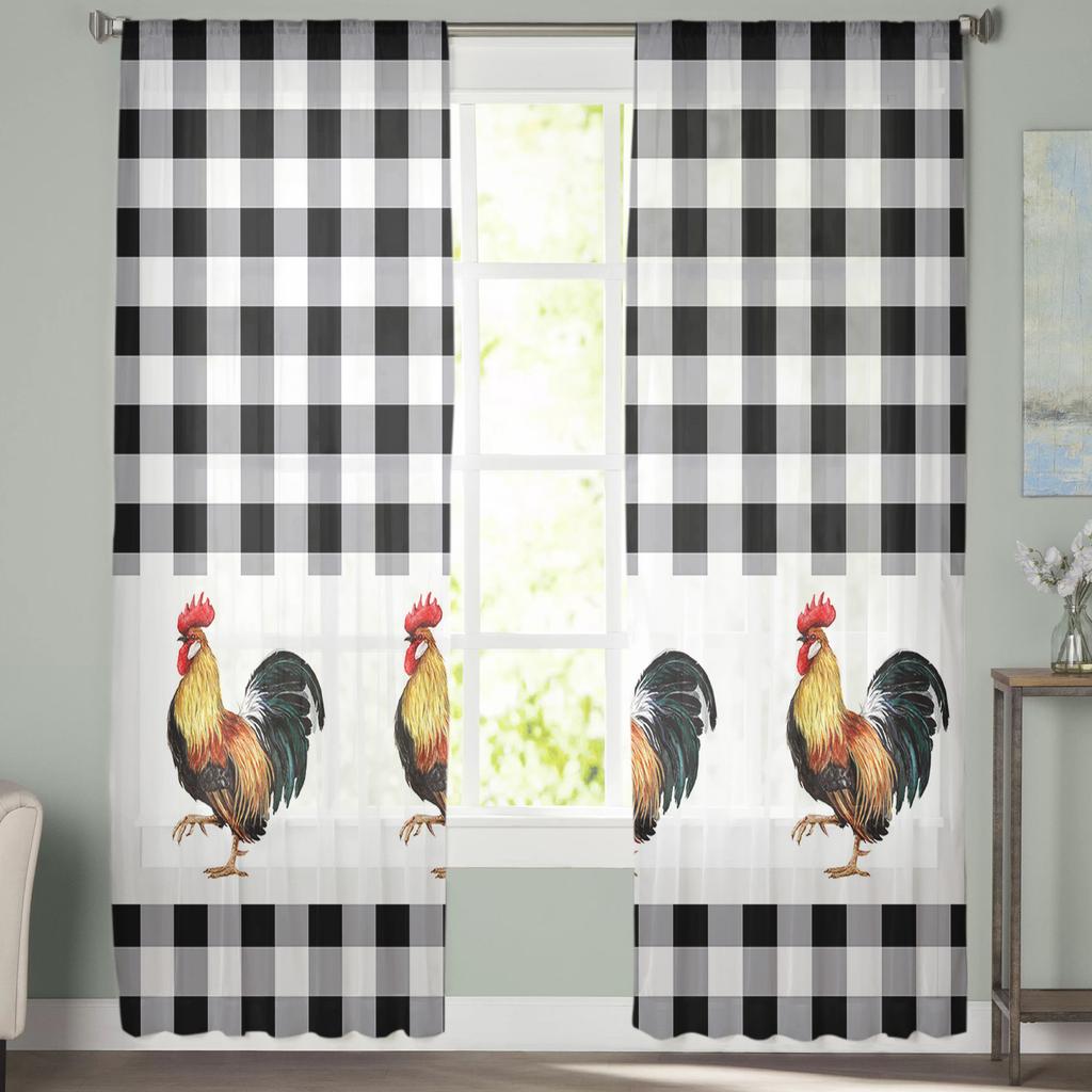 Farm Rooster Black And White Plaid Sheer Curtains For Living Room Bedroom Home Decor Kitchen Tulle For Windows Voile Drapes