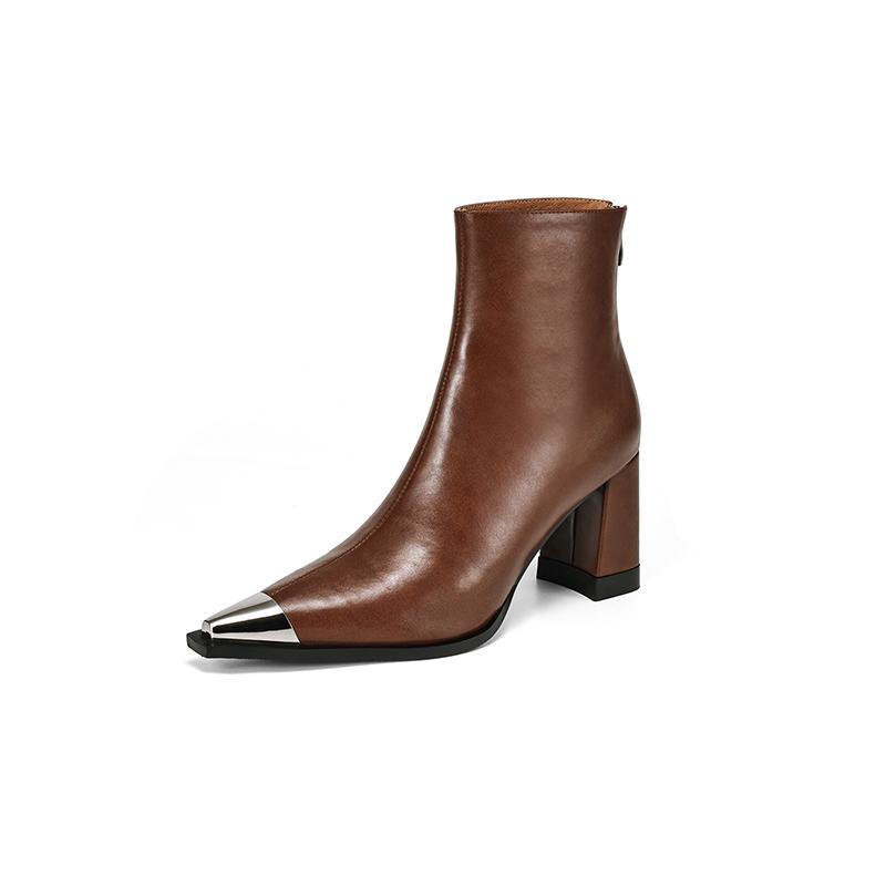 Fashion 2025 NEW Autumn Women Boots Split Leather Square Heel Women Shoes Pointed Toe High Heel Mid-calf Modern Boots