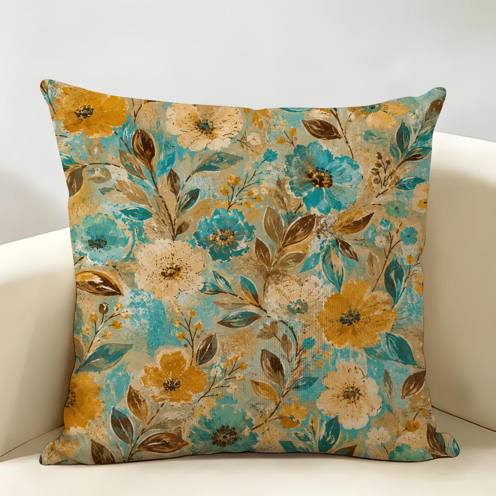 Turquoise Yellow Flower Cushion Cover Durable Hypoallergenic Organic Linen Pillow Cover Short Size Washable Skin-Friendly