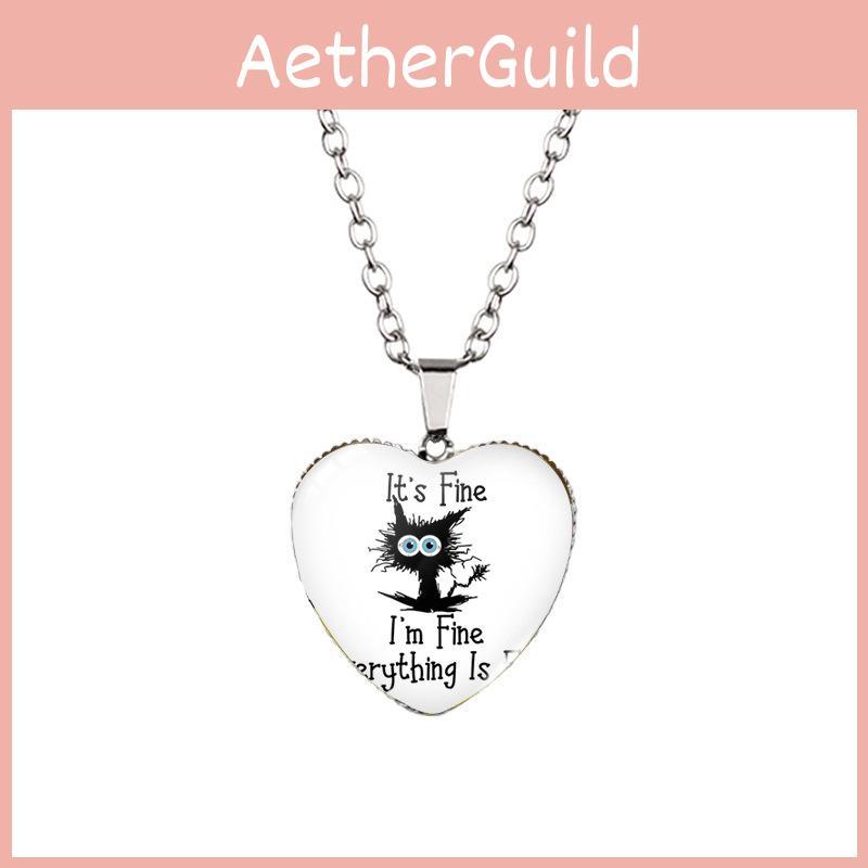 Elegant I'm Fine Everything Is Fine Heart Shaped Pendant Necklace With Adorable Vintage Black Cat Detail Ideal For Everyday Use