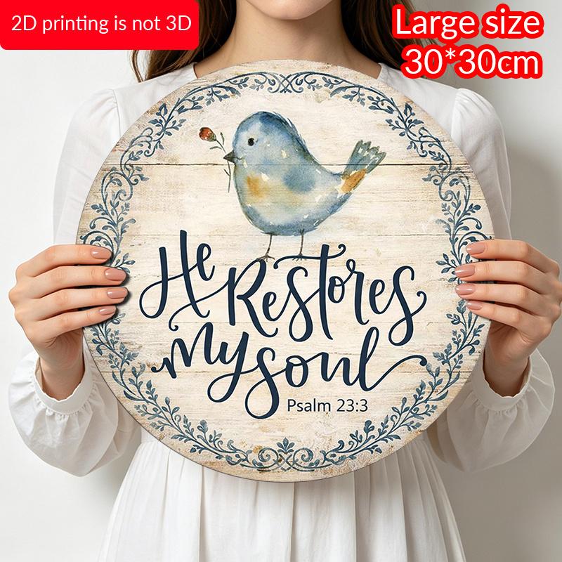 2D Flat, 1pc Round Aluminum Hanging Sign, Vintage Decorative Plaque with Bible Verses And Birds, "He Restores My Soul" Inspirational Quote