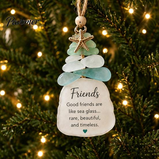 Handmade Christmas Ornament Sea Glass Tree Ornament, Seaglass Art Hanging Decor with Starfish Charm, Festive Window Door Peace Love Joy Faith