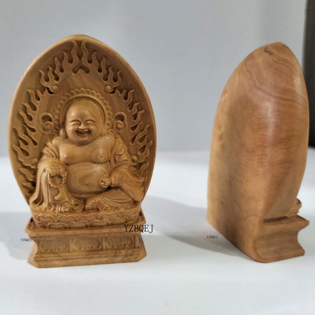 Mini Hotei Buddha Statue, Seven Lucky Gods Figurine, Premium Boxwood Wood Carving (7cm H x 4.5cm W x 2cm D)
